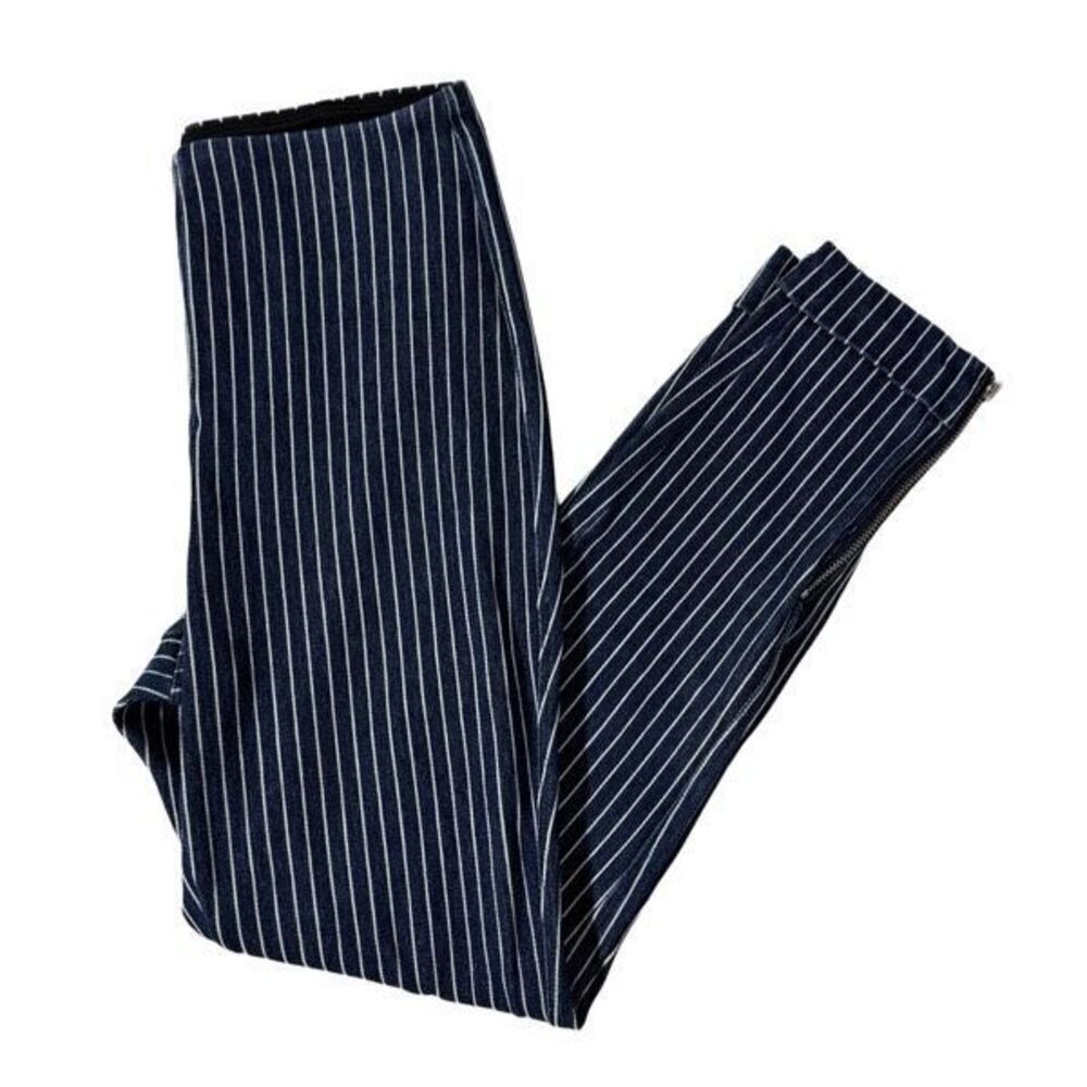 Lysse Cropped Dress Leggings Blue Pinstripe with Zipper Cuff Size Small